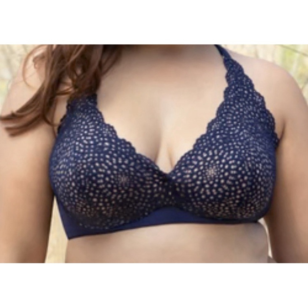 Curvy Couture Crochet Lace Halter‎ Bra Women 38DD Blue Nude Underwired Sexy EUC